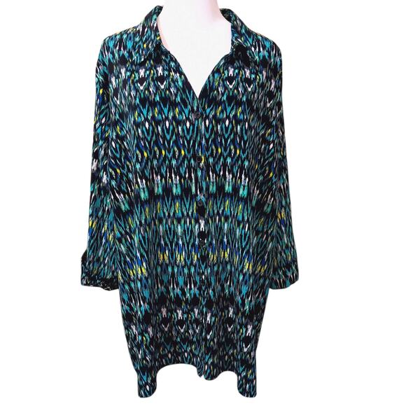 CATHERINES Blouse Top Plus 3X Career Office Dressy Casual Travel Black Turquoise - Picture 1 of 8